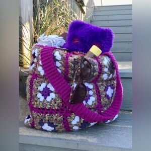 Handmade Crochet & Knit Granny Squares Purple Passions Shoulder Bag Tote OOAK